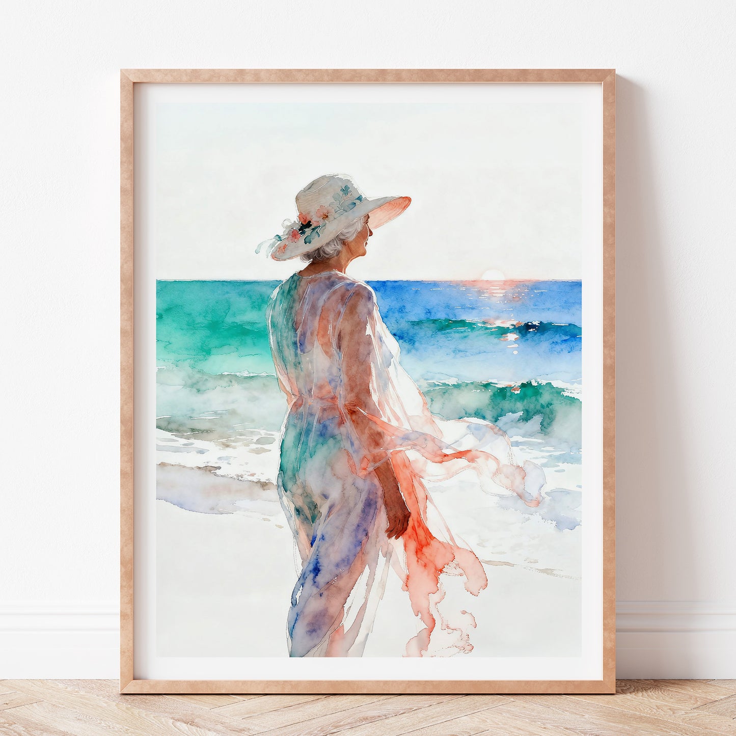 Respite Coastal Ocean Beach Watching Waves Watercolor Style Friendship Art