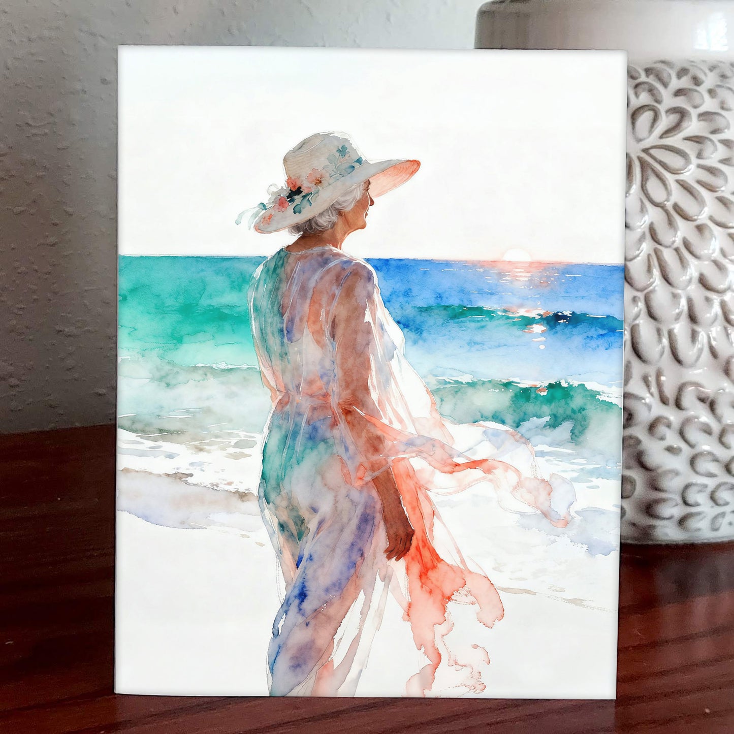 Respite Coastal Ocean Beach Watching Waves Watercolor Style Friendship Art
