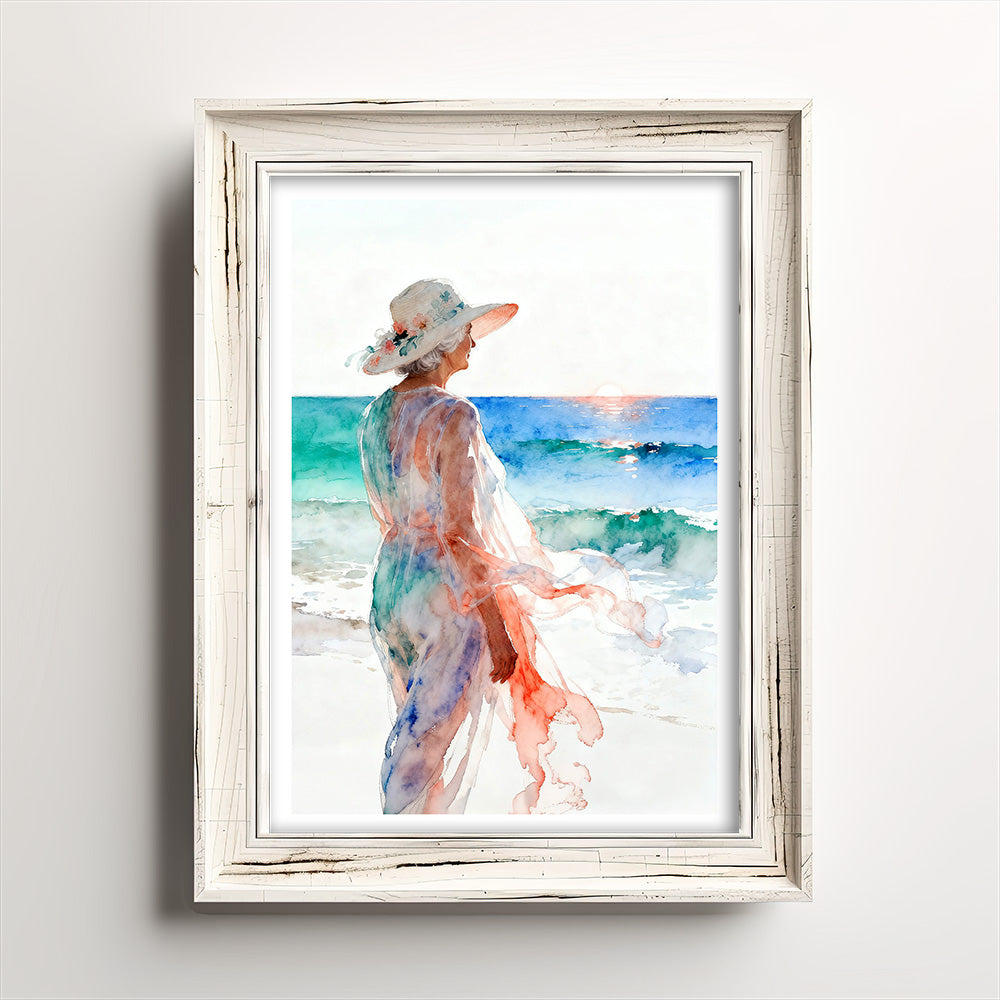 Respite Coastal Ocean Beach Watching Waves Watercolor Style Friendship Art