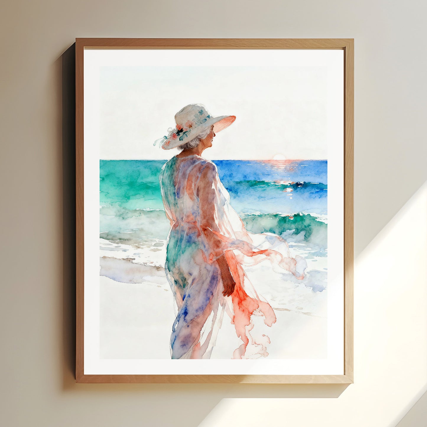 Respite Coastal Ocean Beach Watching Waves Watercolor Style Friendship Art