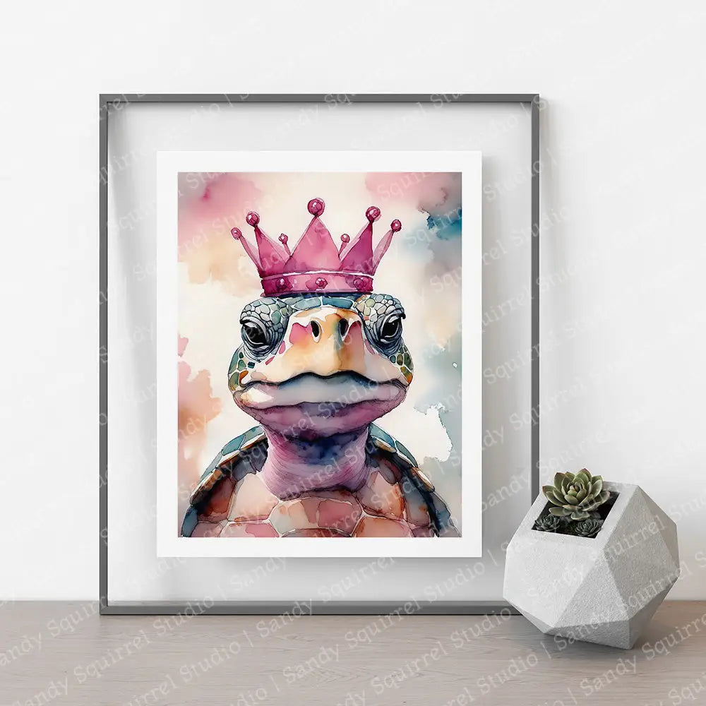 ’Rose Royal’ Original Whimsical Crowned Turtle Wall Art Print Home Decor 8 X 10