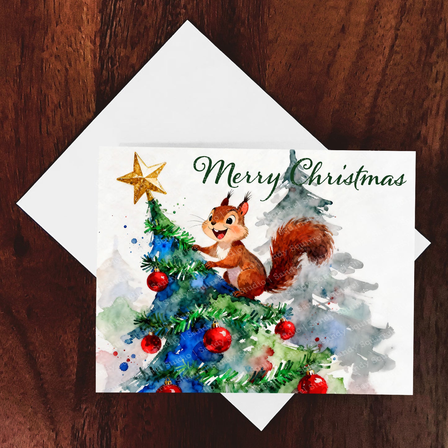 Squirrely Xmas Watercolor-Style Squirrel Christmas Art