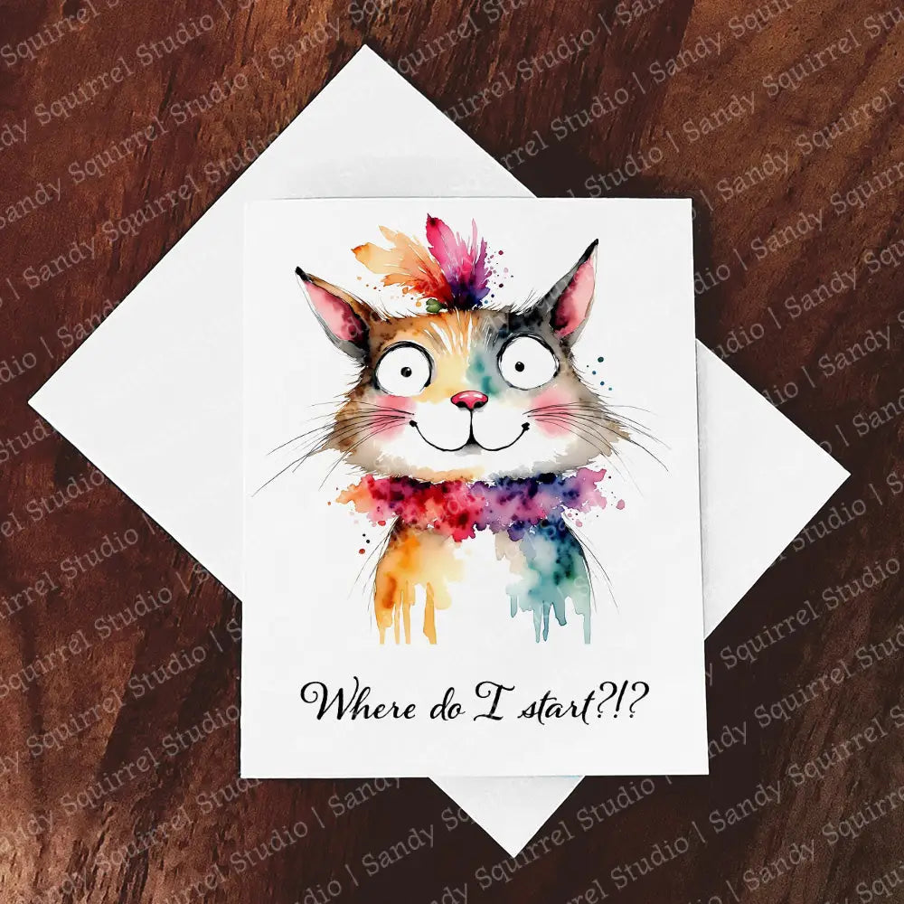 Start Watercolor Style Cat Boa Greeting Card