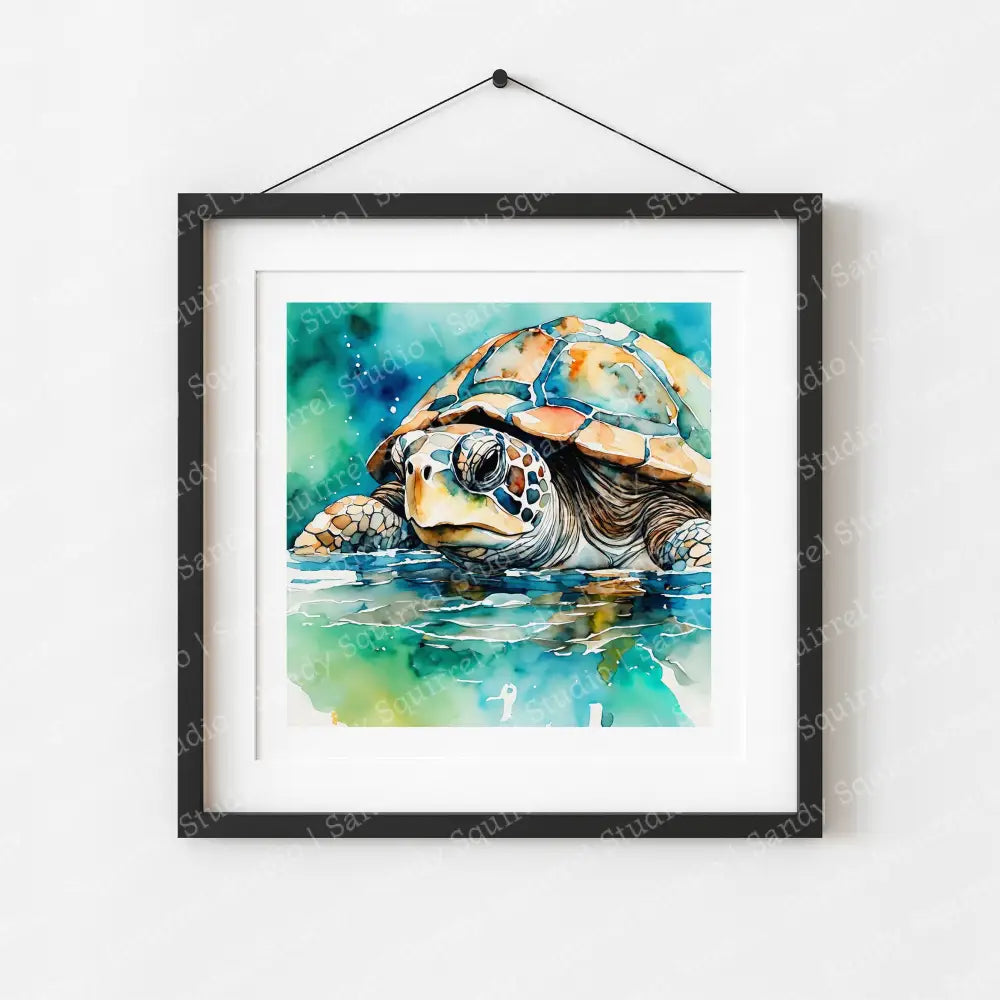 ’Stealth’ Original Turtle Coastal Beach Art Home Decor Wall Print 8X8