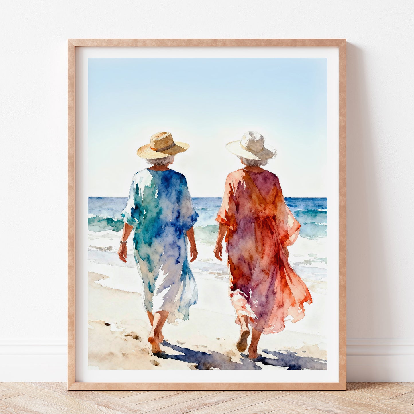 Time Coastal Ocean Beach Watching Waves Watercolor Style Friendship Art