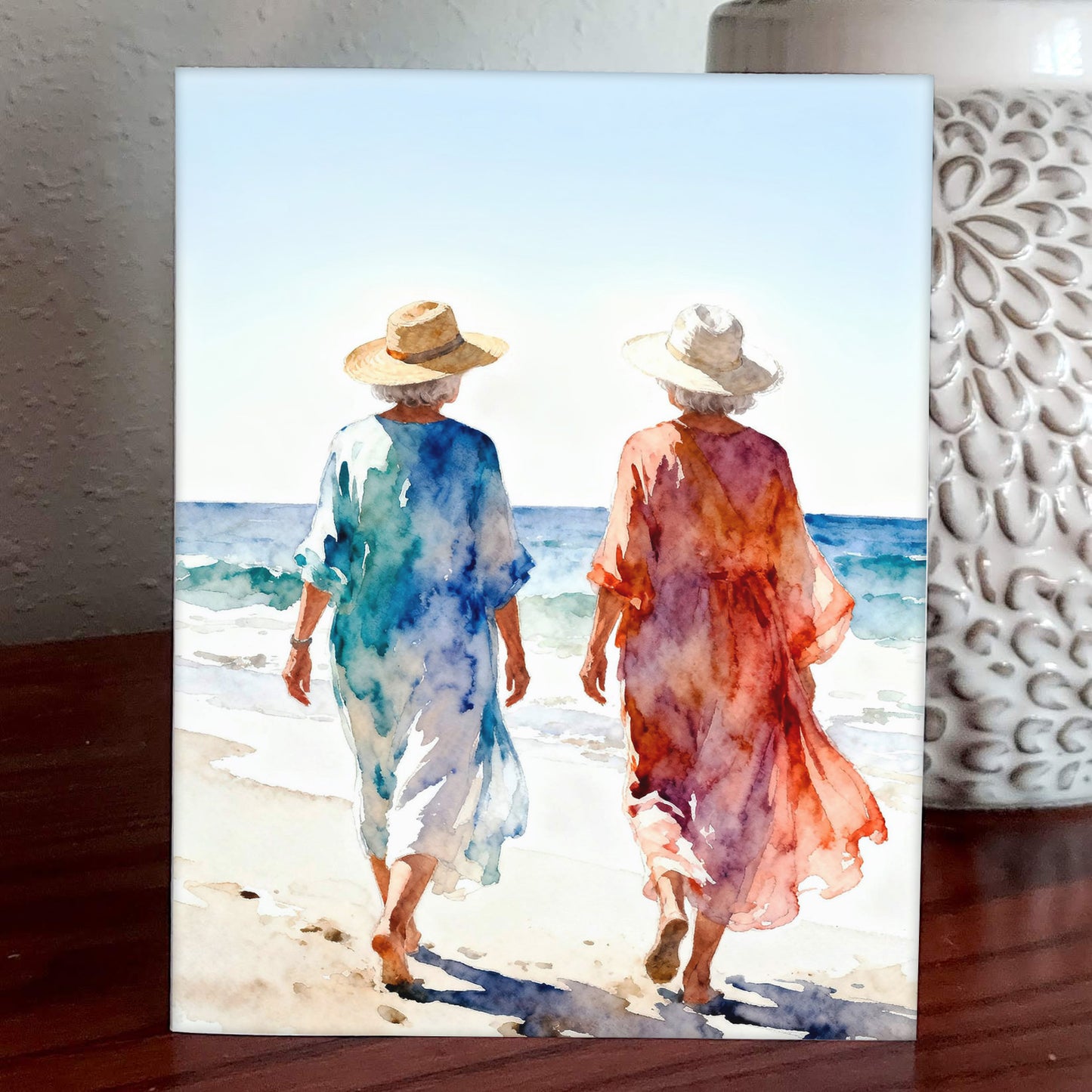Time Coastal Ocean Beach Watching Waves Watercolor Style Friendship Art