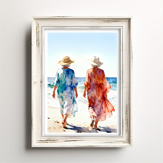 Time Coastal Ocean Beach Watching Waves Watercolor Style Friendship Art