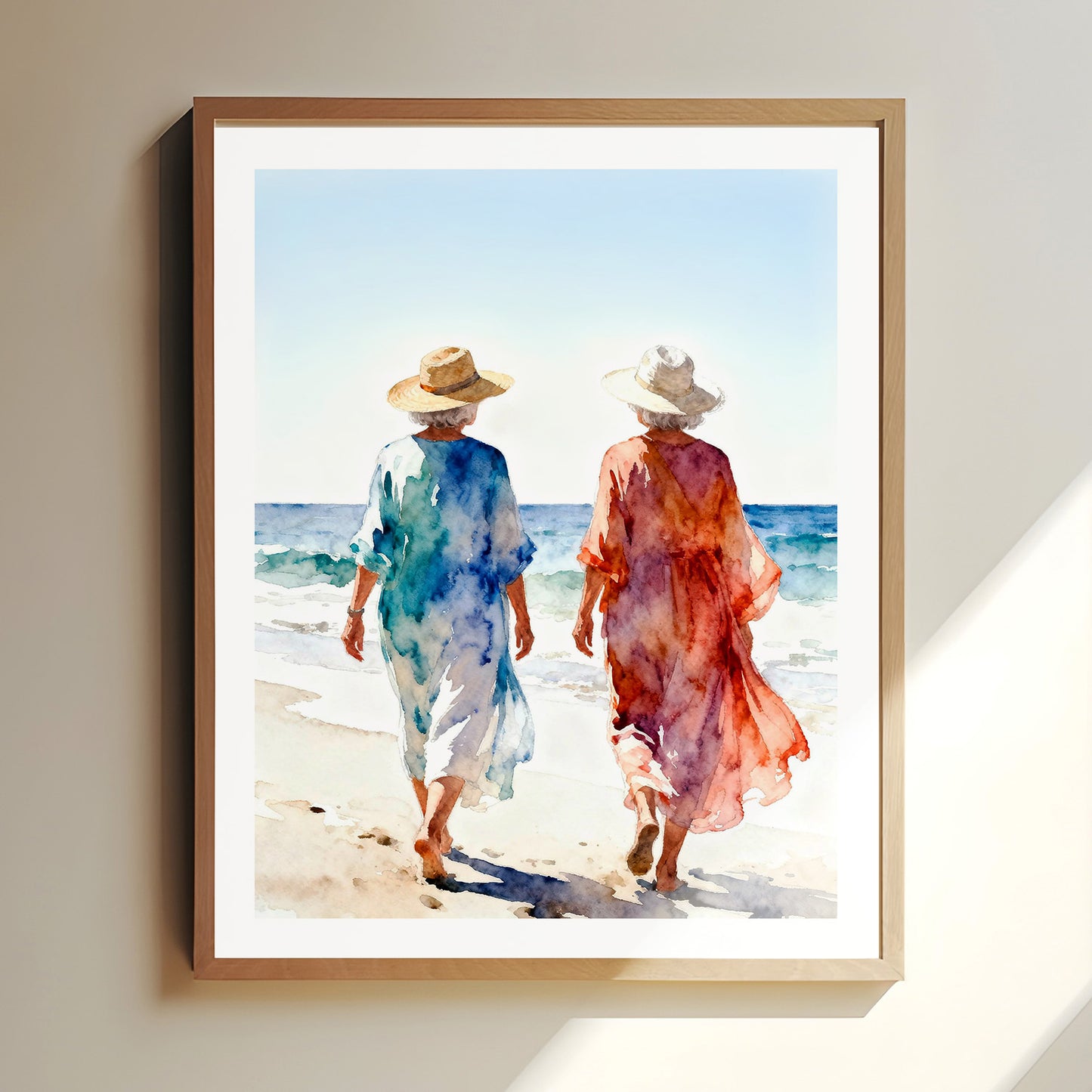 Time Coastal Ocean Beach Watching Waves Watercolor Style Friendship Art