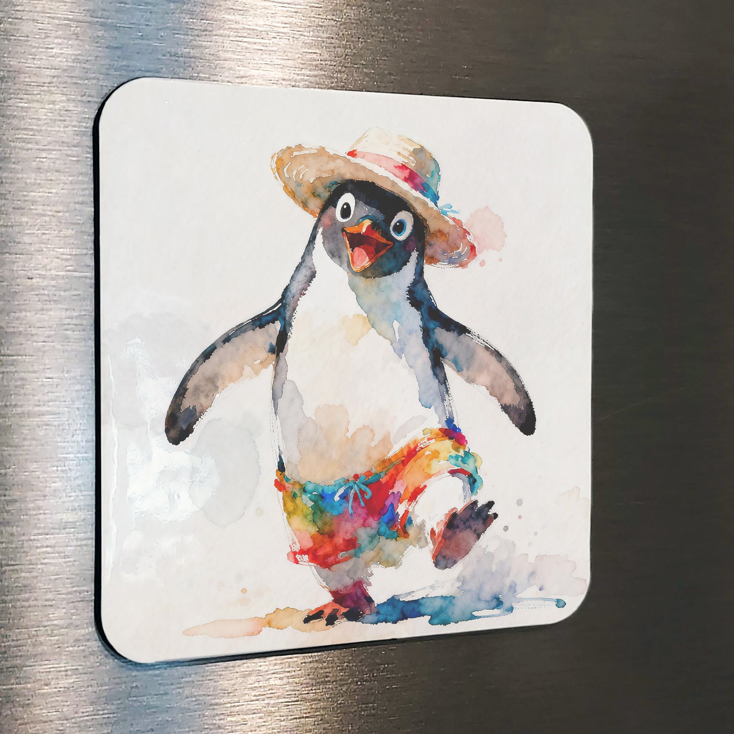 Tropicool Watercolor-Style Penguin Beach Art