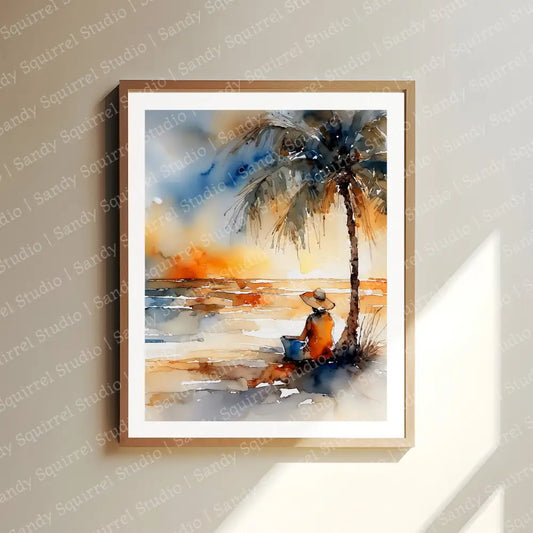 Tropical Sunrise Watercolor Style Vibrant Coastal Art Print 11X14