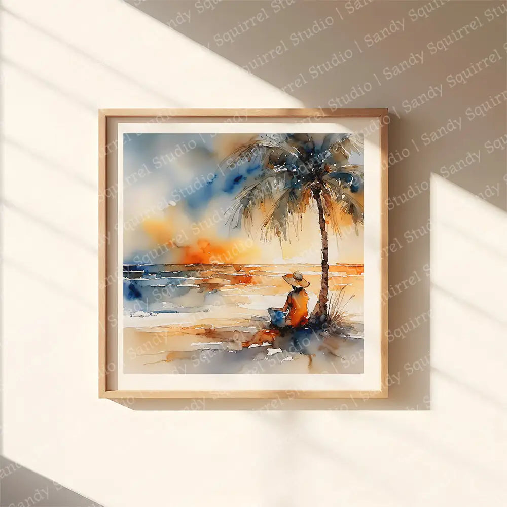 Tropical Sunrise Watercolor Style Vibrant Coastal Art Print 12X12