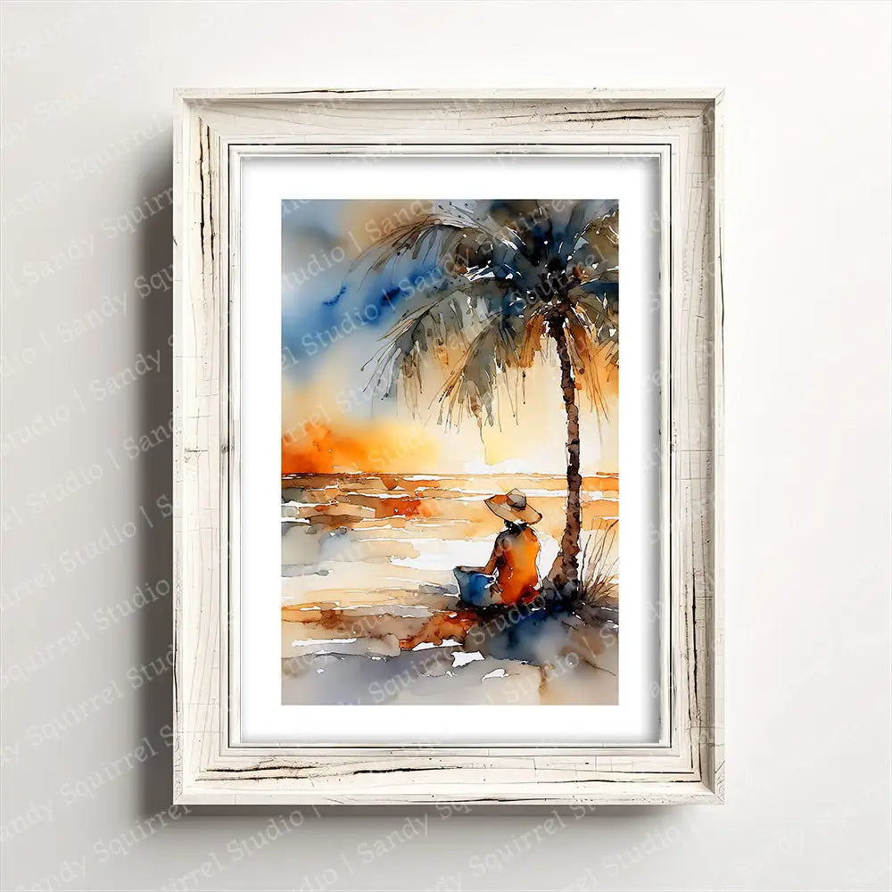 Tropical Sunrise Watercolor Style Vibrant Coastal Art Print 5X7