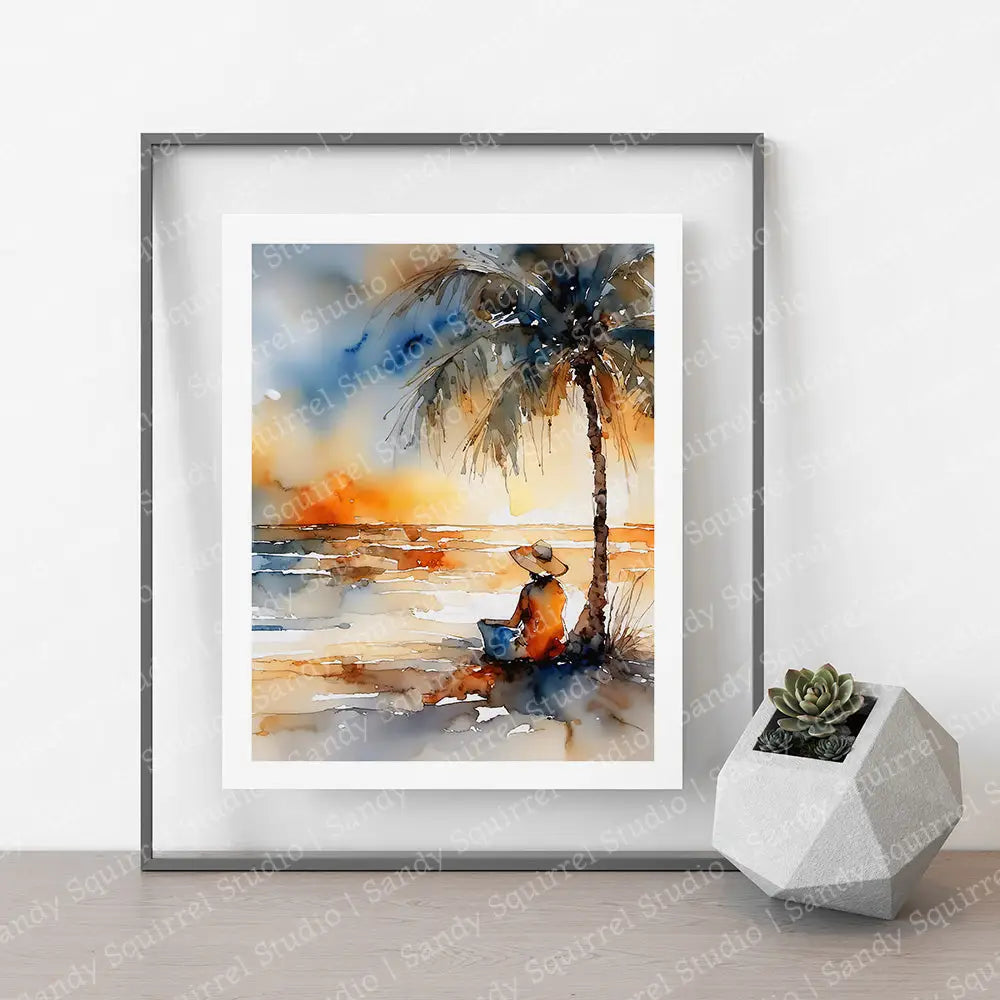 Tropical Sunrise Watercolor Style Vibrant Coastal Art Print 8X10