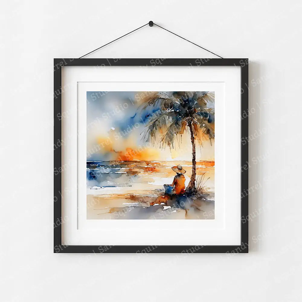 Tropical Sunrise Watercolor Style Vibrant Coastal Art Print 8X8