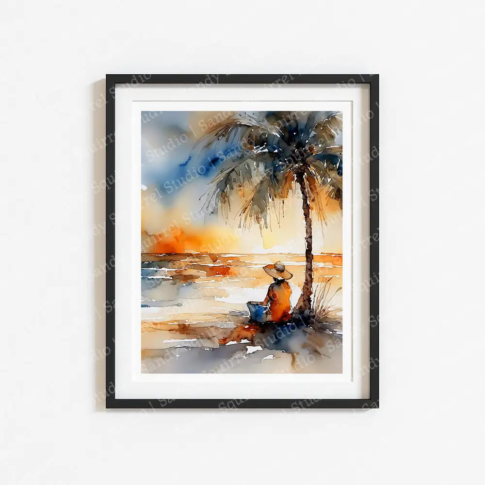 Tropical Sunrise Watercolor Style Vibrant Coastal Art Print