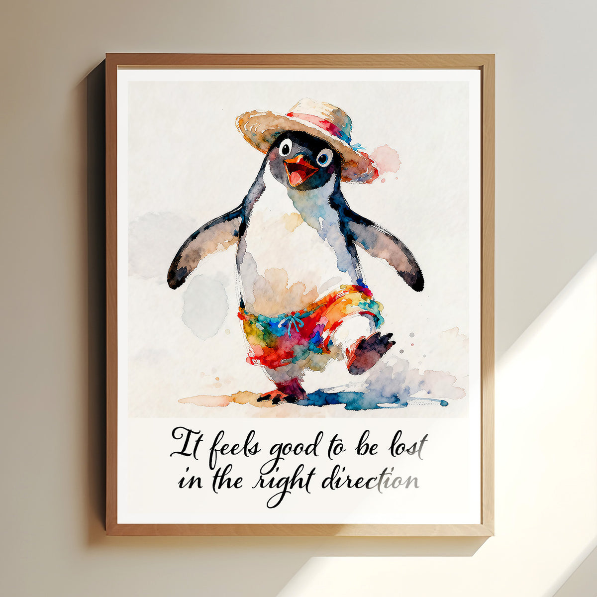 Tropicool Watercolor-Style Penguin Beach Art