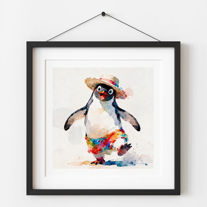 Tropicool Watercolor-Style Penguin Beach Art