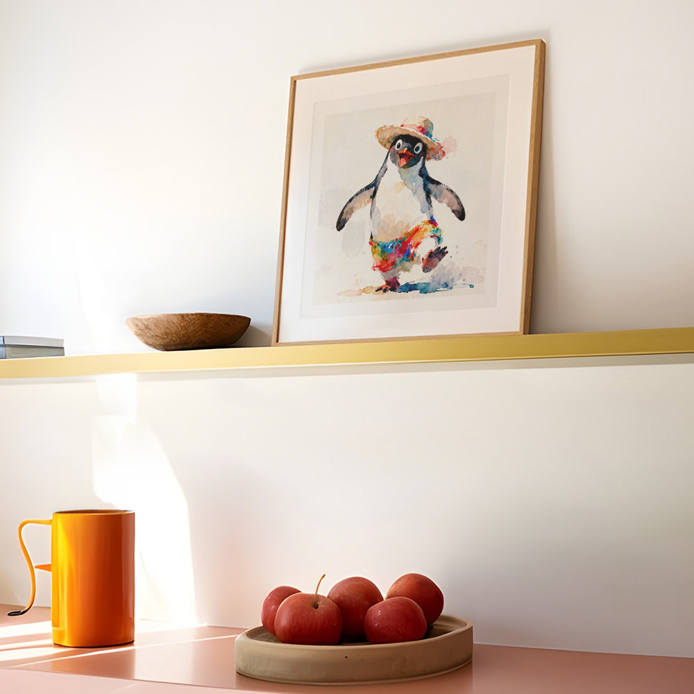 Tropicool Watercolor-Style Penguin Beach Art