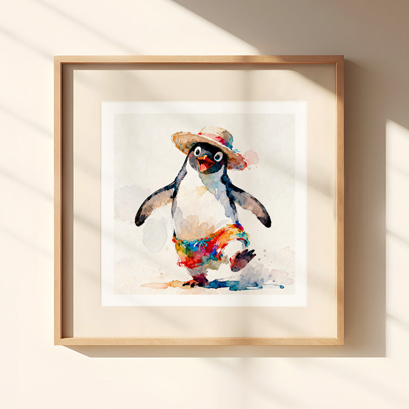 Tropicool Watercolor-Style Penguin Beach Art