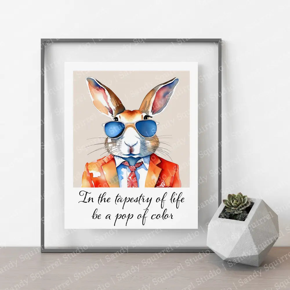 ’Vibrant’ Original Whimsical Sharp Dressed Rabbit Art Home Decor Wall Print 8X10 With Quote