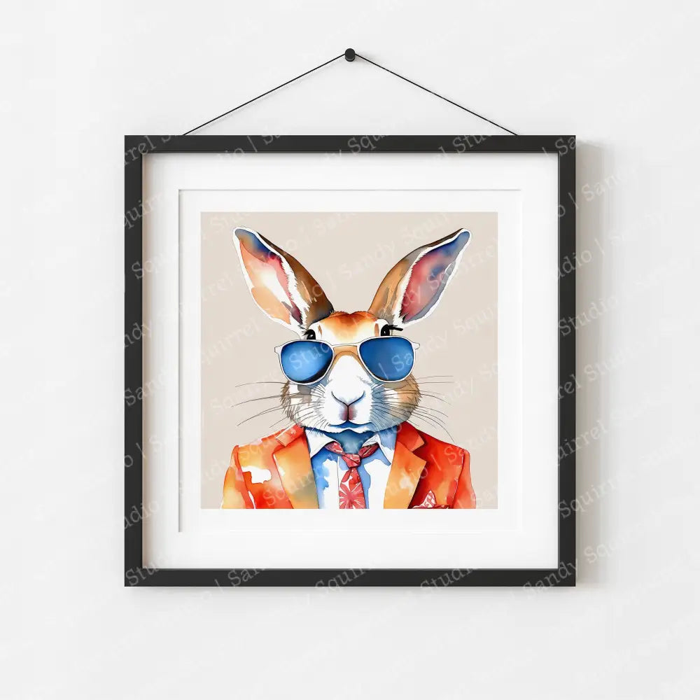 ’Vibrant’ Original Whimsical Sharp Dressed Rabbit Art Home Decor Wall Print 8X8