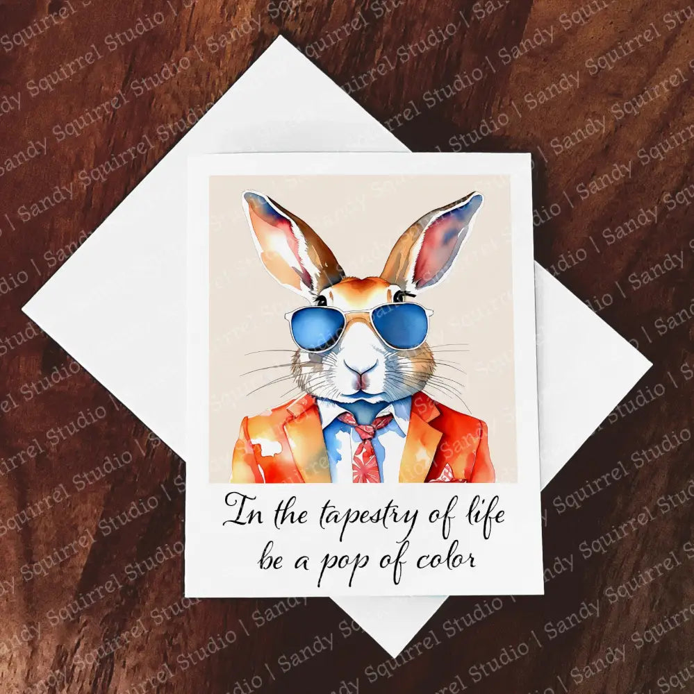 ’Vibrant’ Original Whimsical Sharp Dressed Rabbit Art Home Decor Wall Print Single Notecard