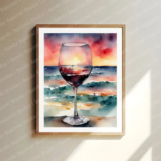 ’Vino Sunset’ Original Coastal Beach Art Watercolor Style Home Decor Wall Print