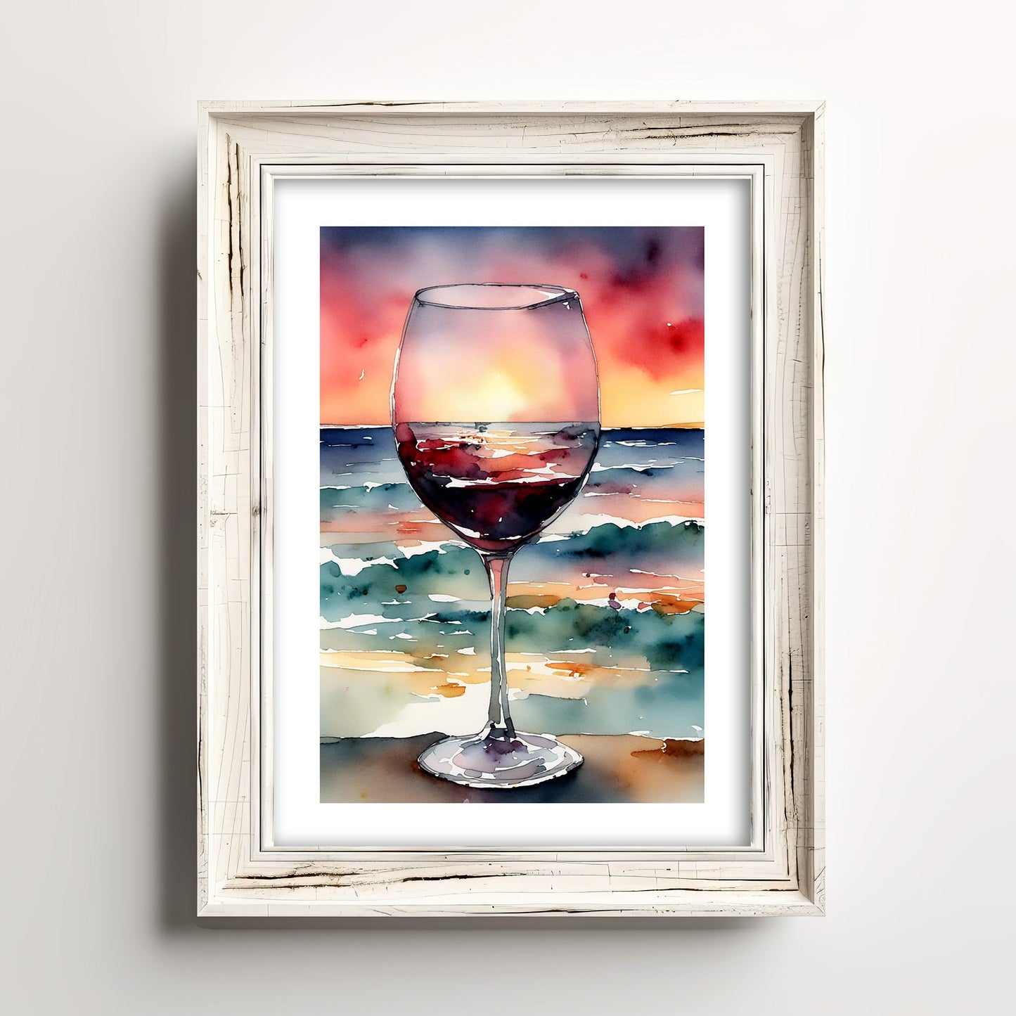 ’Vino Sunset’ Original Coastal Beach Art Watercolor Style Home Decor Wall Print 5X7