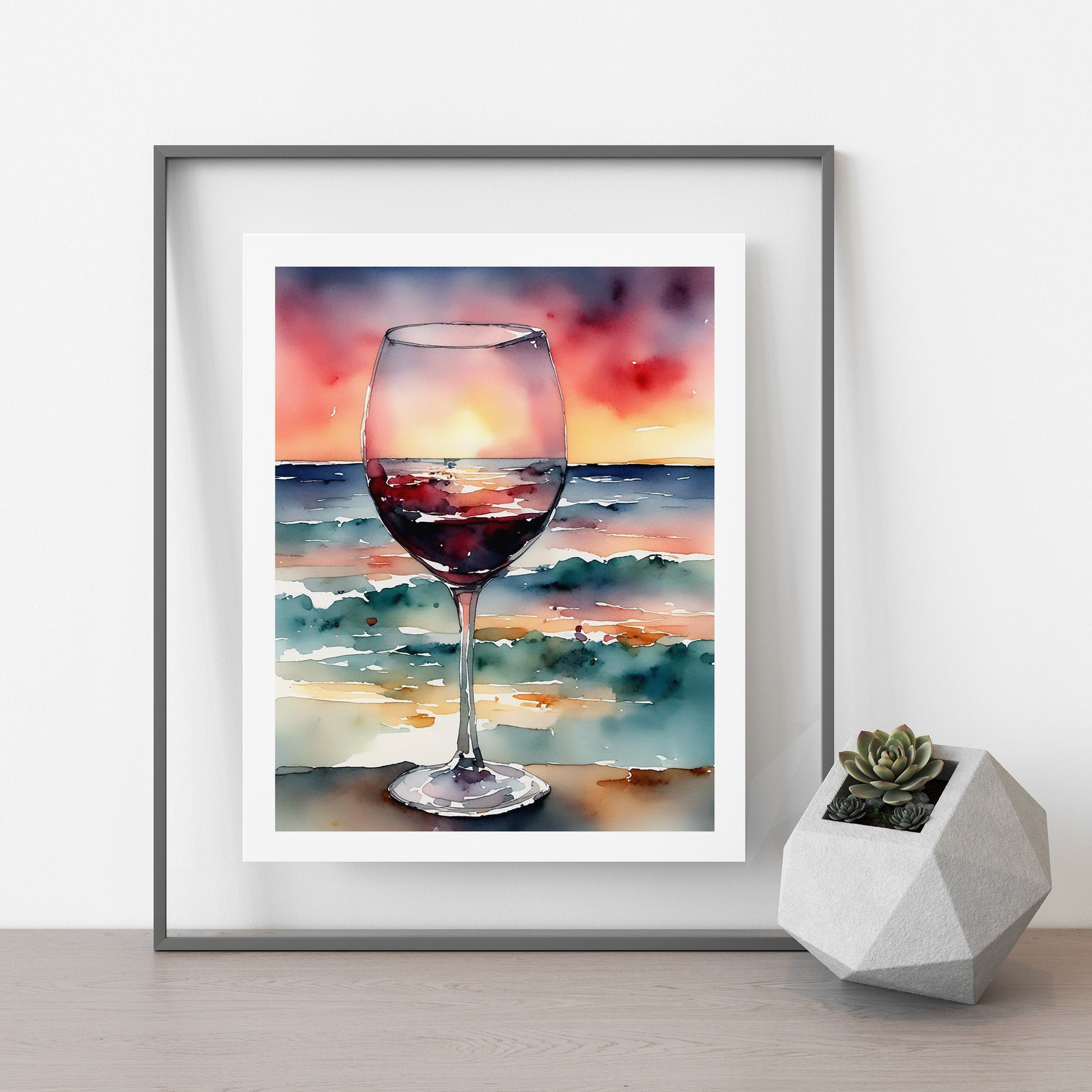 ’Vino Sunset’ Original Coastal Beach Art Watercolor Style Home Decor Wall Print 8X10