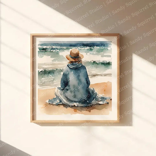 ’Waiting’ With The Ocean Original Coastal Beach Art Print Home Decor Watercolor Style Wall