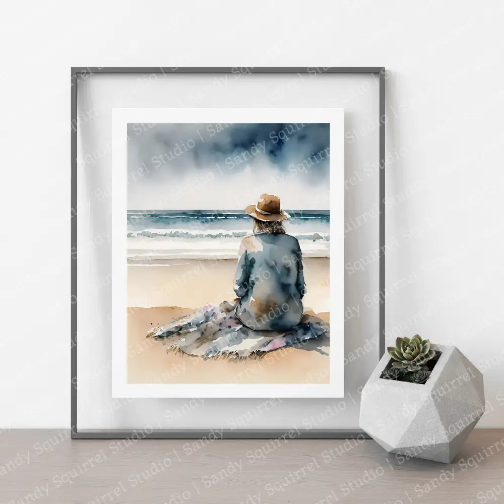 ’Watchful’ Coastal Ocean Beach Watching Waves Original 8×10 Inch Wall Art Print Watercolor