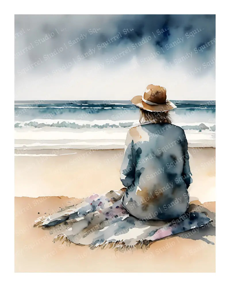 ’Watchful’ Coastal Ocean Beach Watching Waves Original 8×10 Inch Wall Art Print Watercolor