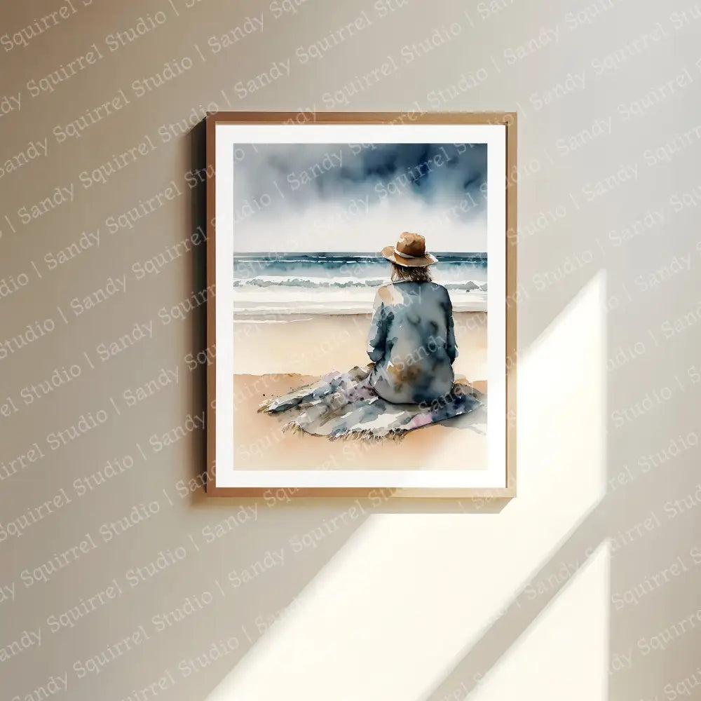 ’Watchful’ Coastal Ocean Beach Watching Waves Original 8×10 Inch Wall Art Print Watercolor