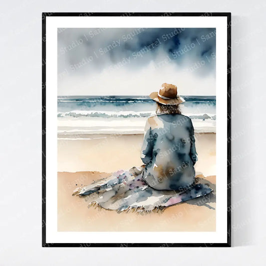 ’Watchful’ Coastal Ocean Beach Watching Waves Original 8×10 Inch Wall Art Print Watercolor