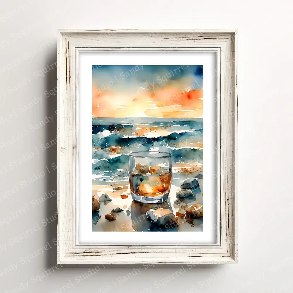 ’Whisky Waves’ Original Coastal Beach Art Watercolor Style Home Decor Wall Print 5X7