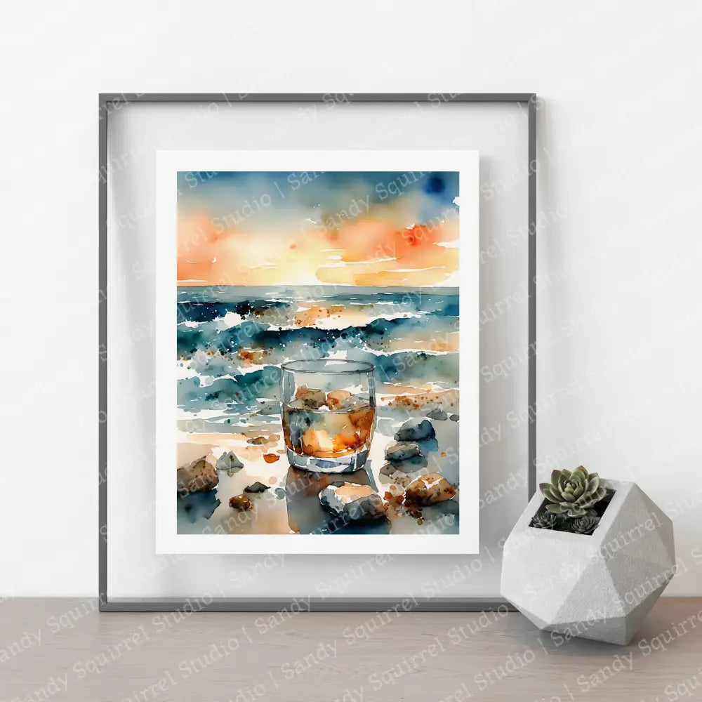 ’Whisky Waves’ Original Coastal Beach Art Watercolor Style Home Decor Wall Print 8X10