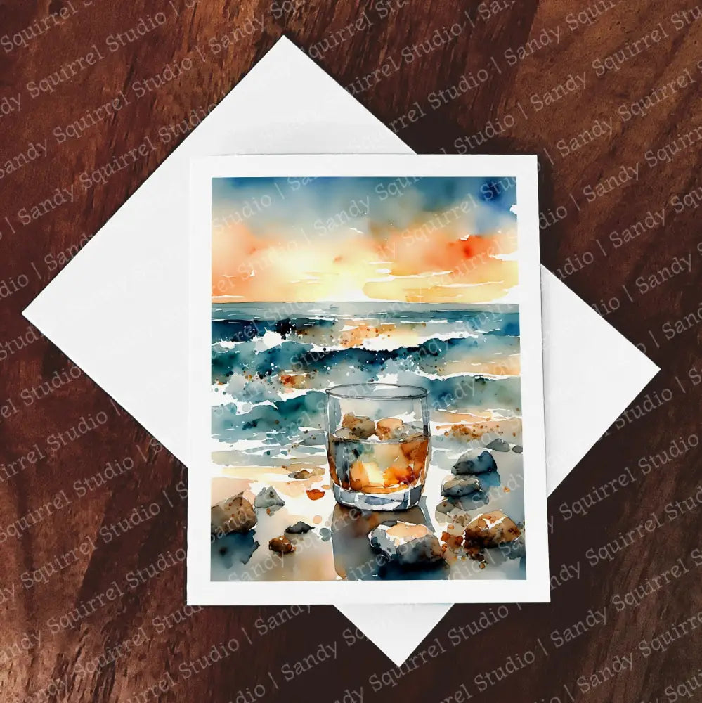 ’Whisky Waves’ Original Coastal Beach Art Watercolor Style Home Decor Wall Print Single Notecard