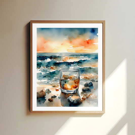 ’Whisky Waves’ Original Coastal Beach Art Watercolor Style Home Decor Wall Print