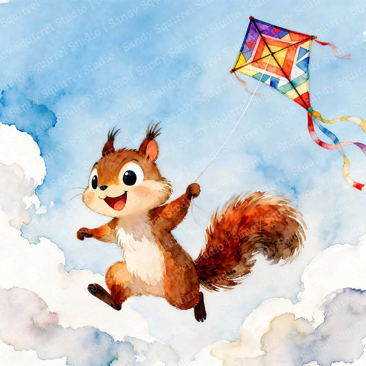 Beautiful Whimsical Watercolor-Style Squirrel Kite Art
