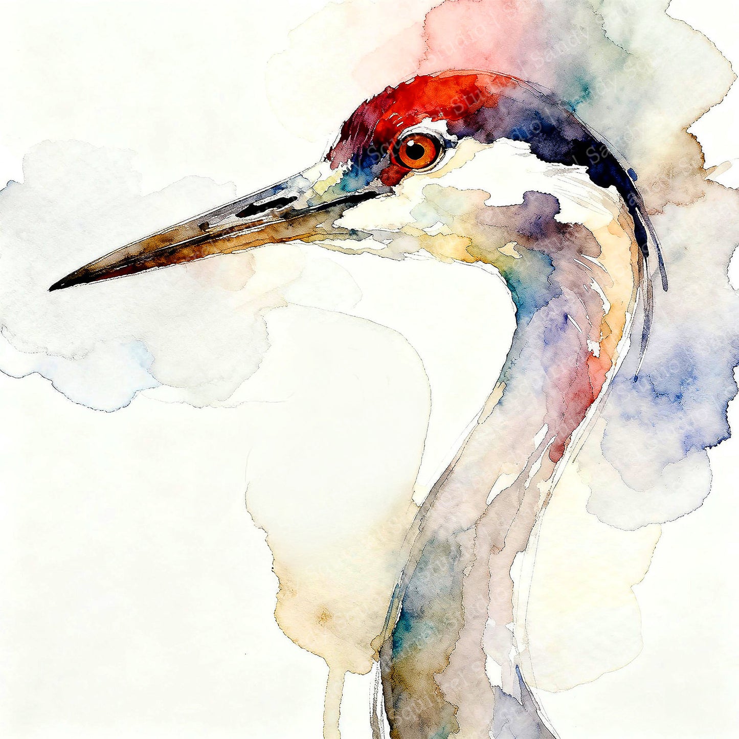 Bill Watercolor-Style Coastal Bird Crane Art