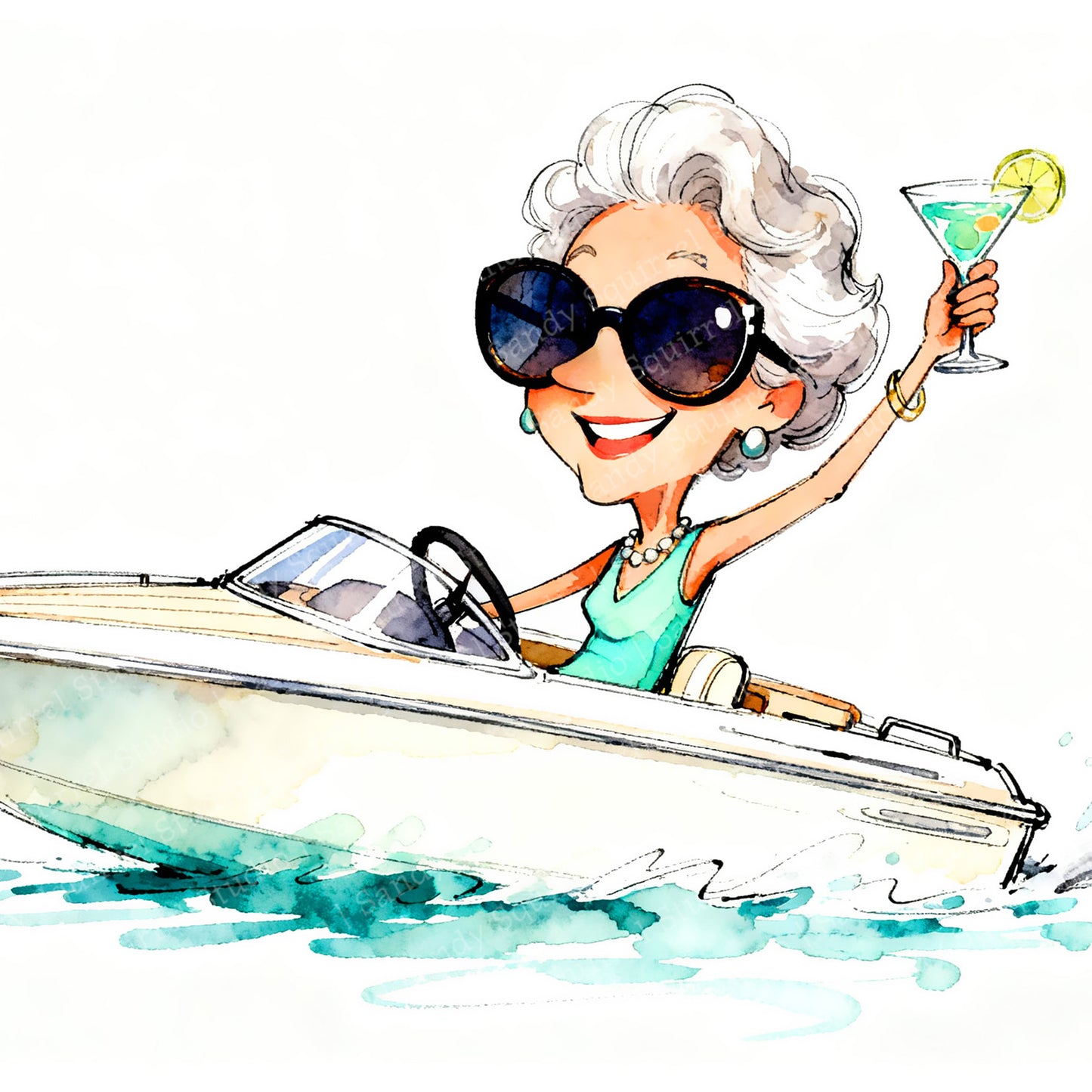 Cheers! Watercolor Style Speed Boat Woman with Martini Thinking of You Art