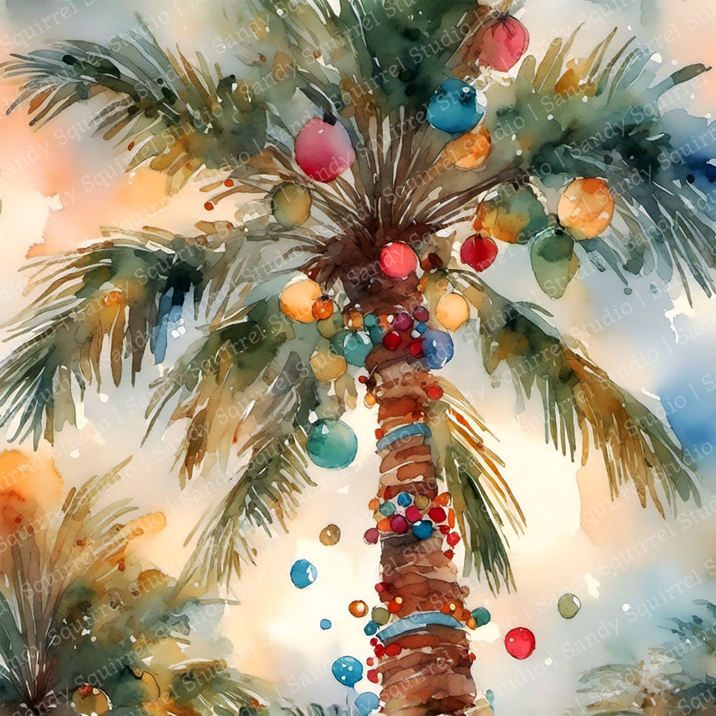 Christmas Explosion Watercolor-Style Palm Christmas Ornament Art