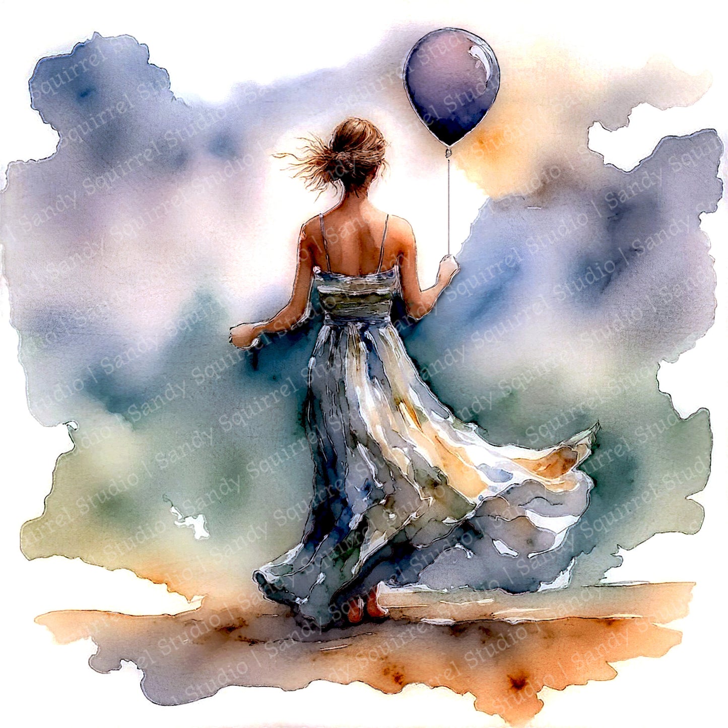 "Colors of Joy" Original Watercolor Style Coastal Celebration Woman in Purple