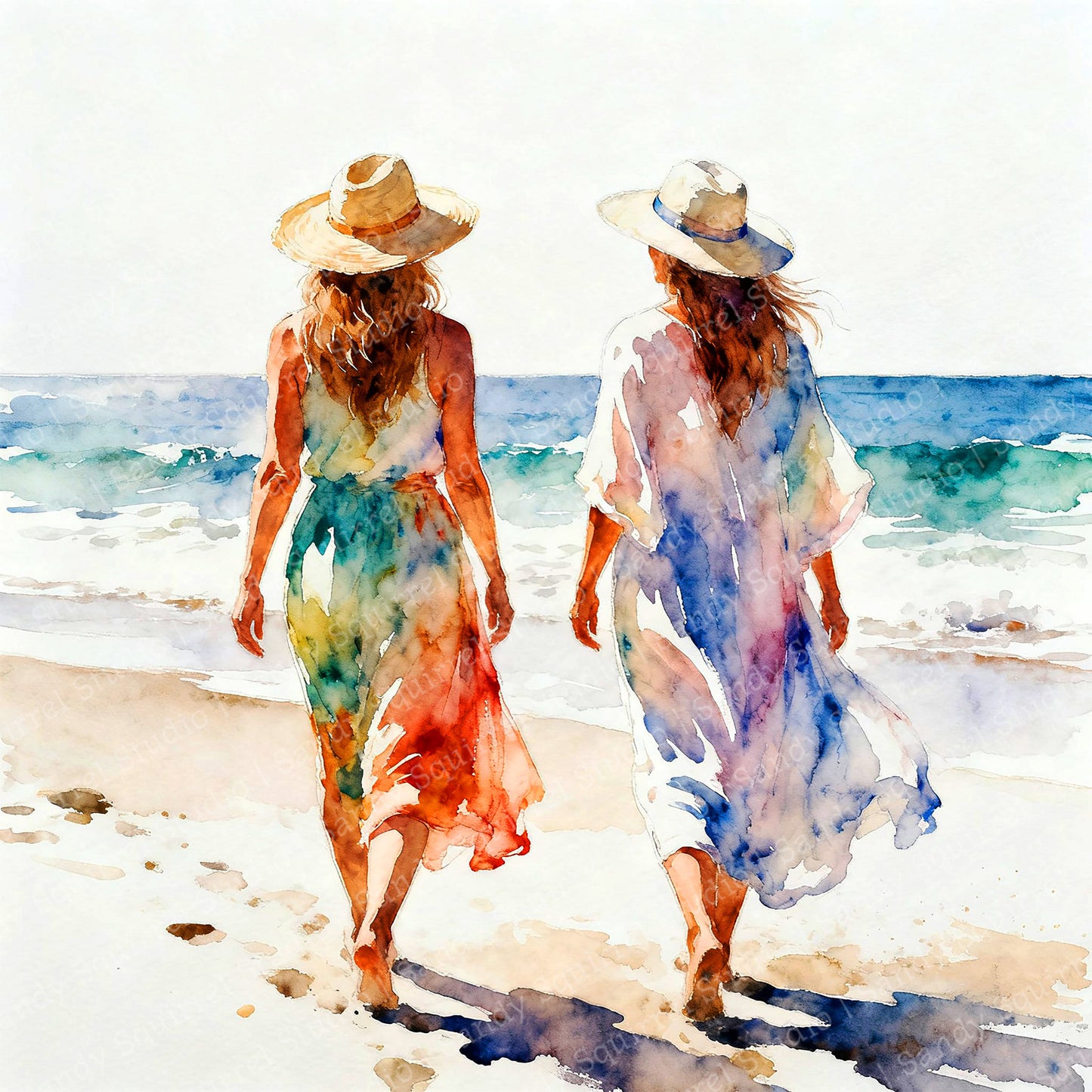 Connection Coastal Ocean Beach Watching Waves Watercolor Style Friendship Art