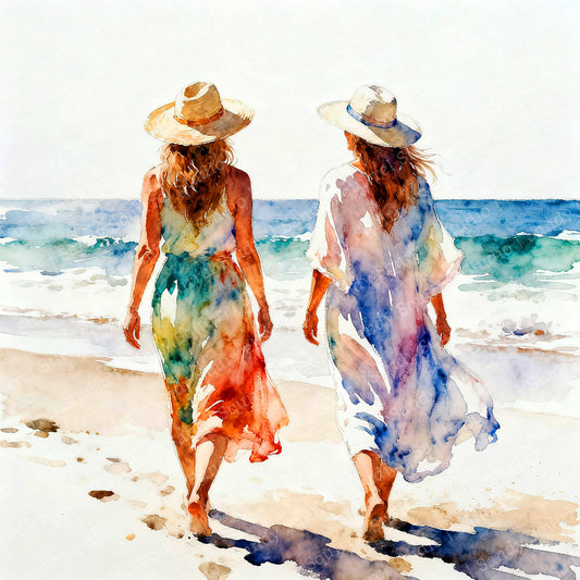Connection Coastal Ocean Beach Watching Waves Watercolor Style Friendship Art