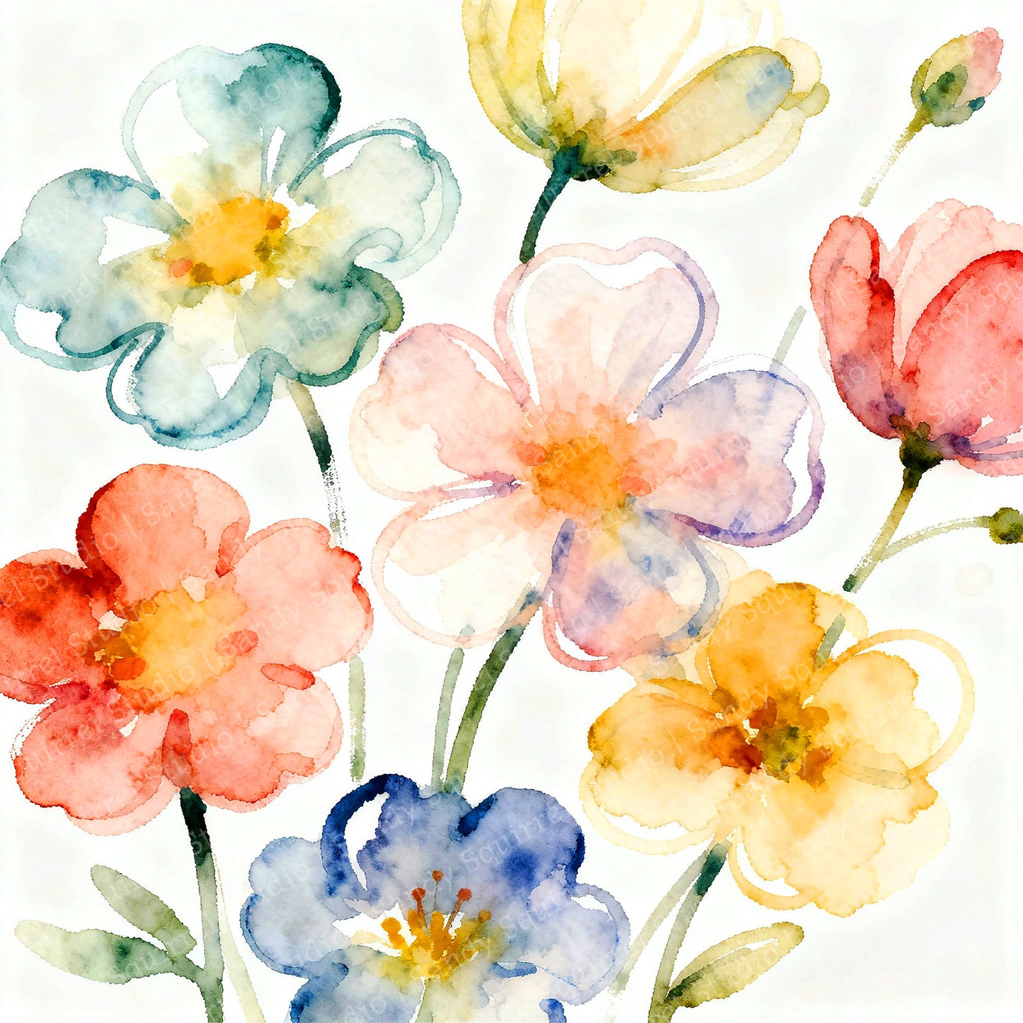 Full Bloom Whimsical Watercolor-Style Floral Art