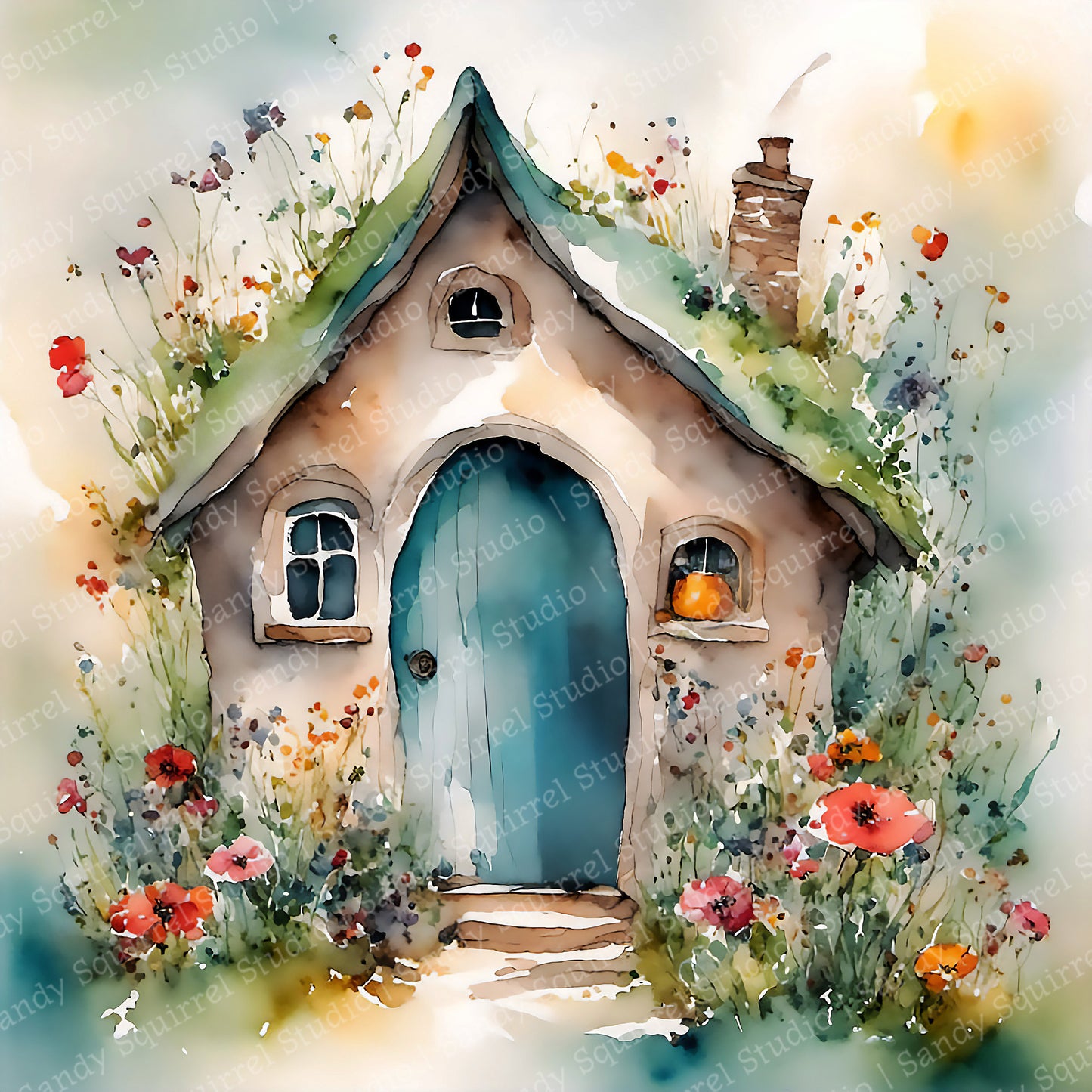 Garden Cottage Watercolor Style Garden Art
