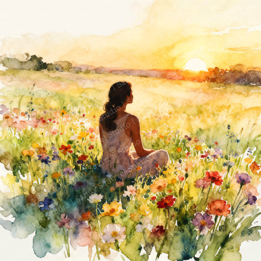 Good Morning Watercolor-Style Meadow Sunrise Art