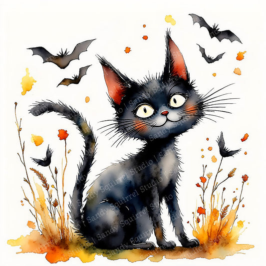 Lucky Watercolor Style Halloween Black Cat Art