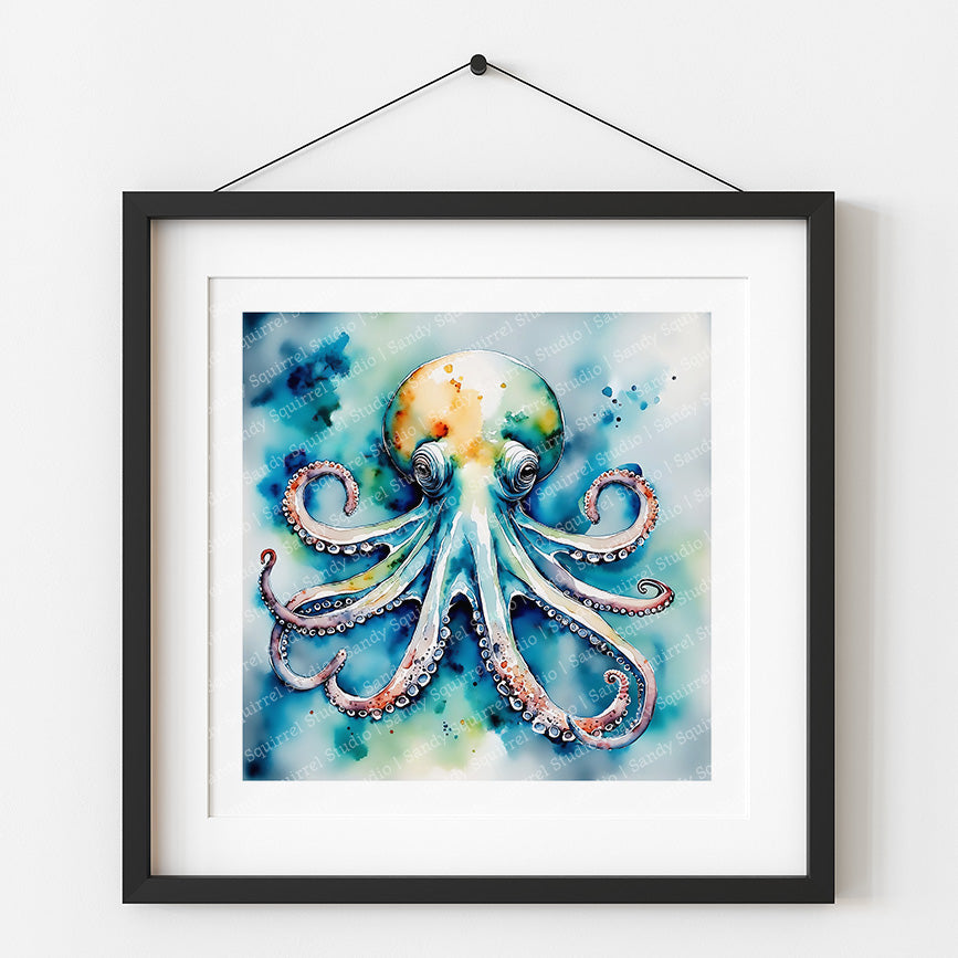 ’Ocean Majesty’ Original Octopus Coastal Beach Art Home Decor Wall Art Print 8 x 8 Art Print Art Print